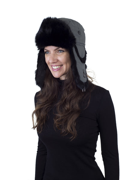 Grey Aviator Hat with Black Rabbit Fur