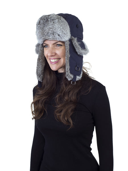 Blue Aviator Hat with Natural Grey Rabbit Fur