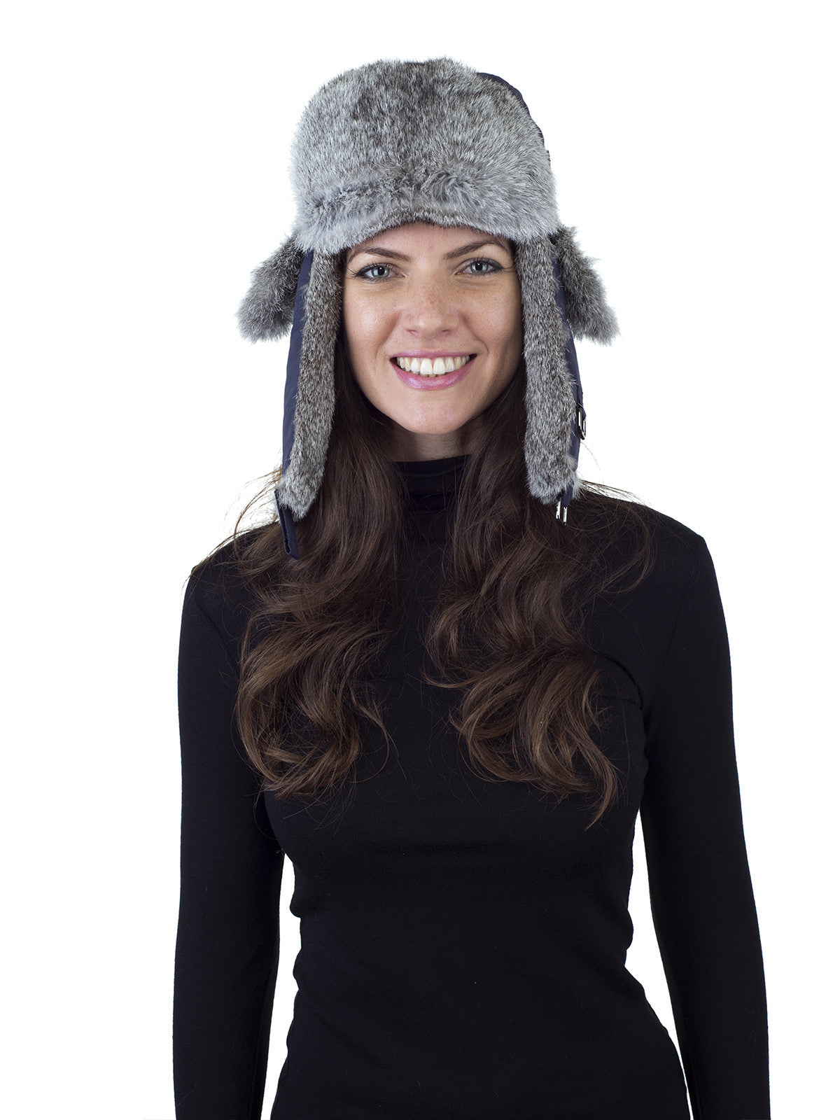 Blue Aviator Hat with Natural Grey Rabbit Fur