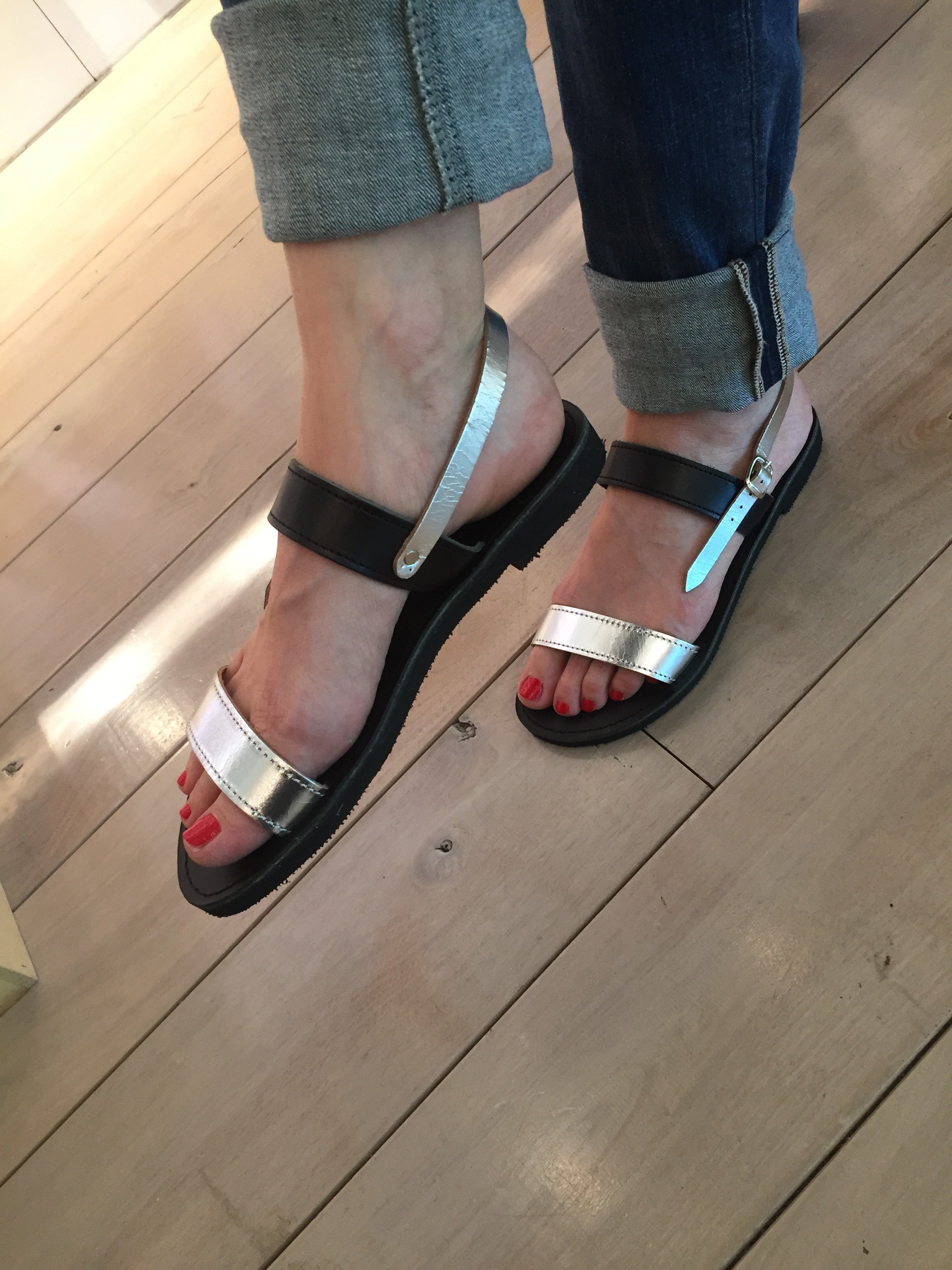 Elpida Greek Leather Sandals - Silver/Black