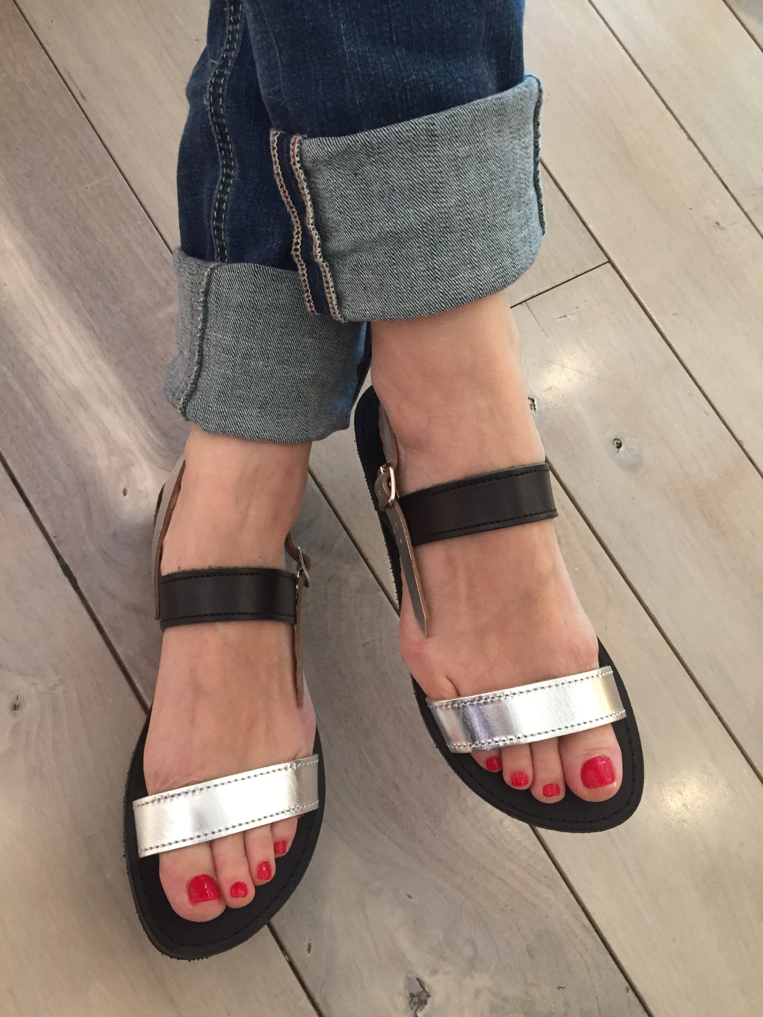 Elpida Greek Leather Sandals - Silver/Black
