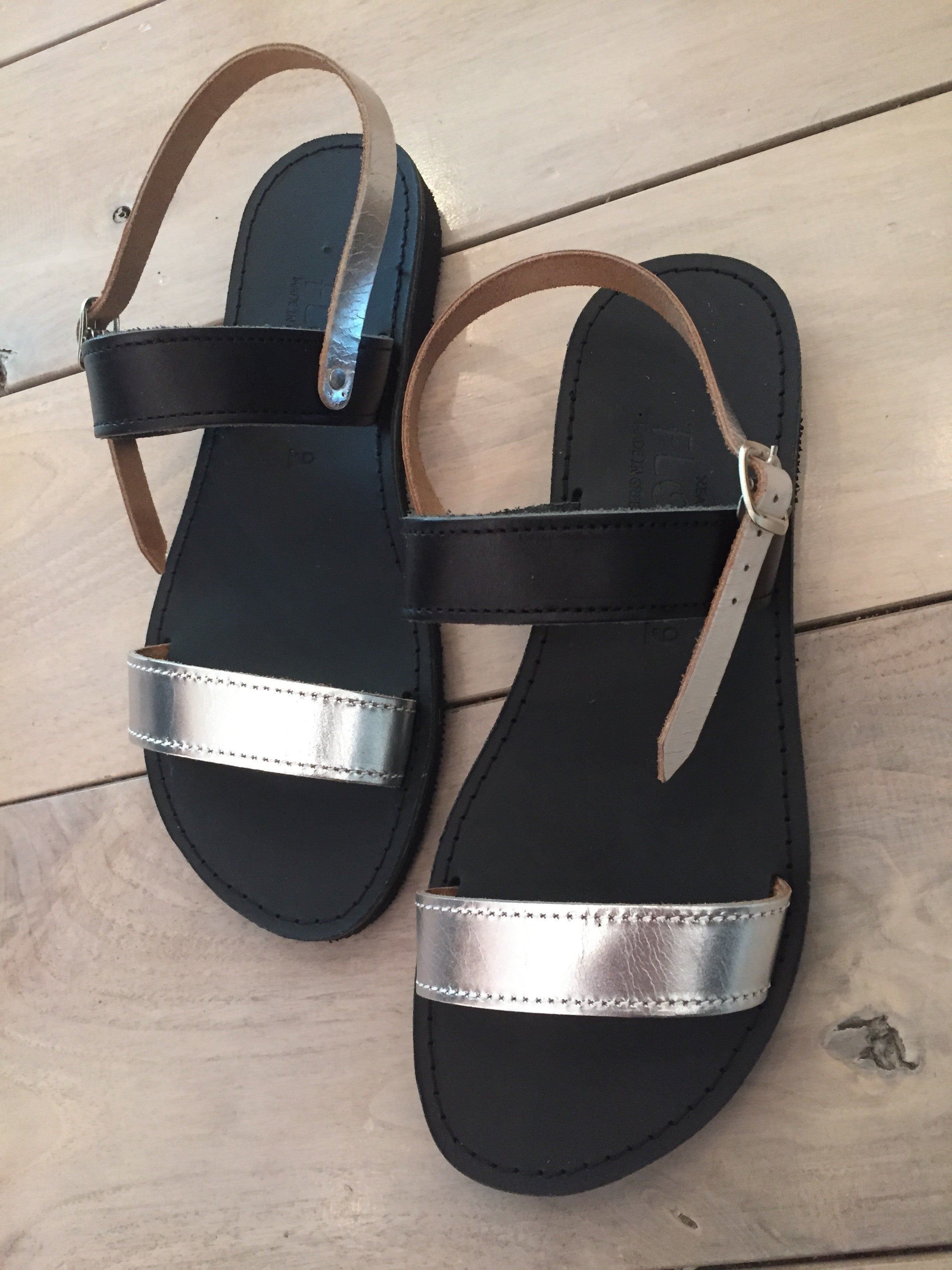 Elpida Greek Leather Sandals - Silver/Black