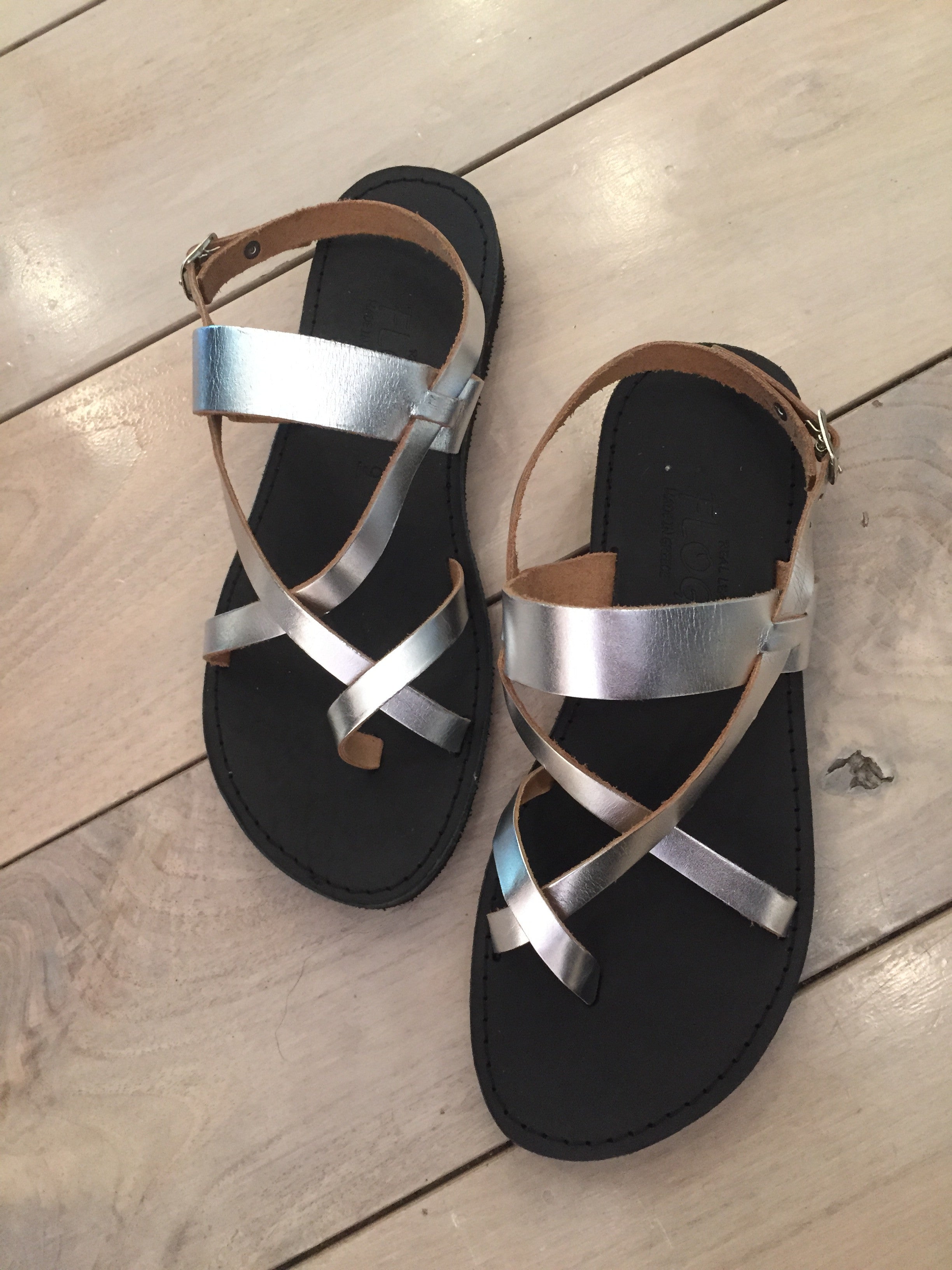Iphigenia Greek Leather Sandals - Silver with Black Sole