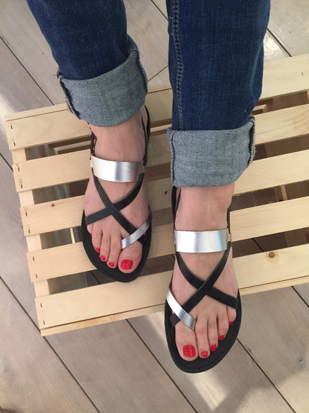 Iphigenia Greek Leather Sandals - Silver/Black