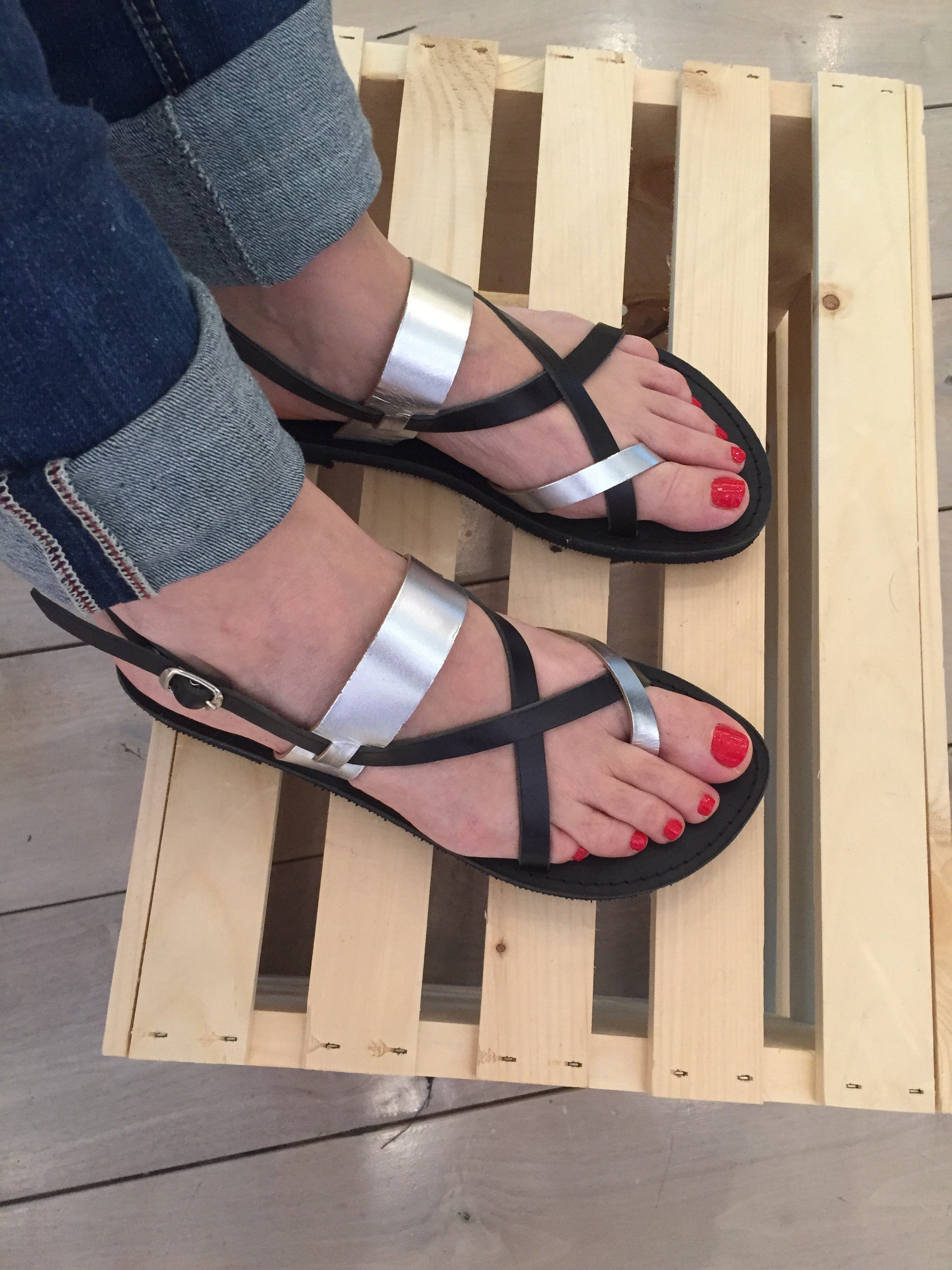 Iphigenia Greek Leather Sandals - Silver/Black