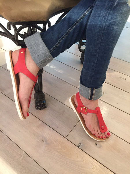 Elektra Greek Leather Sandals - Coral