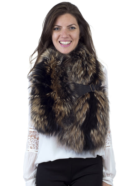 Natural Finn Raccoon Neck Warmer with Leather