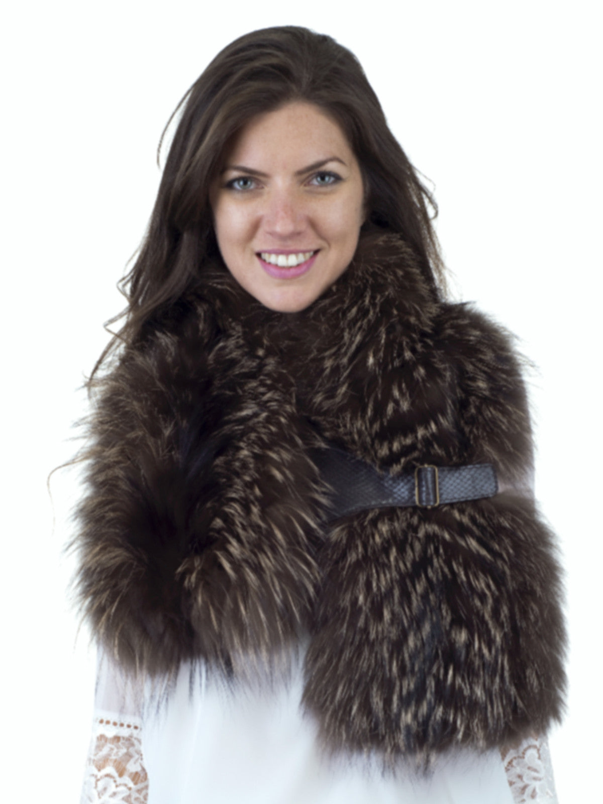 Grey/Brown/Black Finn Raccoon Neck Warmer with Leather Closure