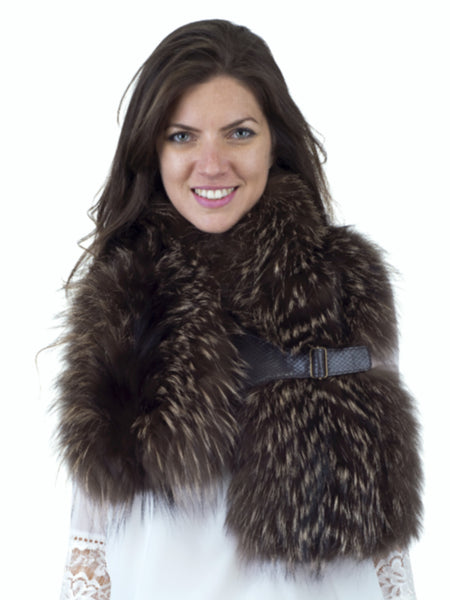 Grey/Brown/Black Finn Raccoon Neck Warmer with Leather Closure