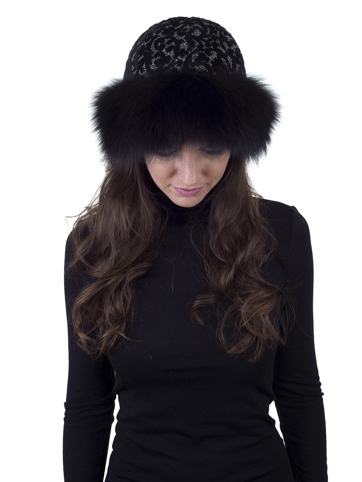 Black Fox Hat with Italian Black and Silver Fabric