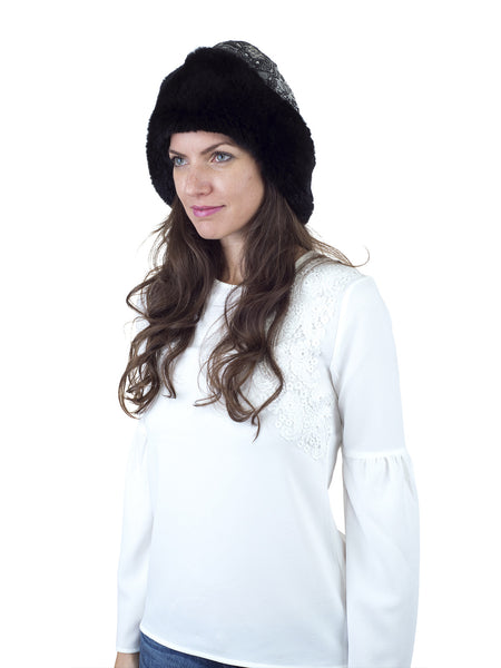 Black Rex Rabbit Hat with Black and White Italian Fabric