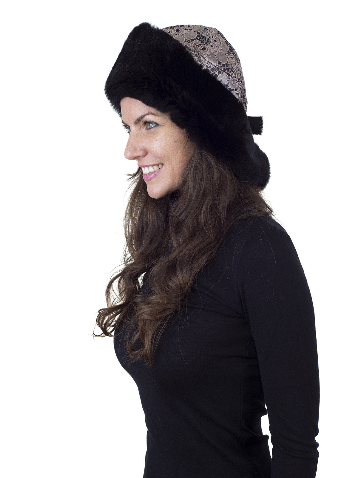 Black Rex Rabbit Hat with Black and Pink Fabric