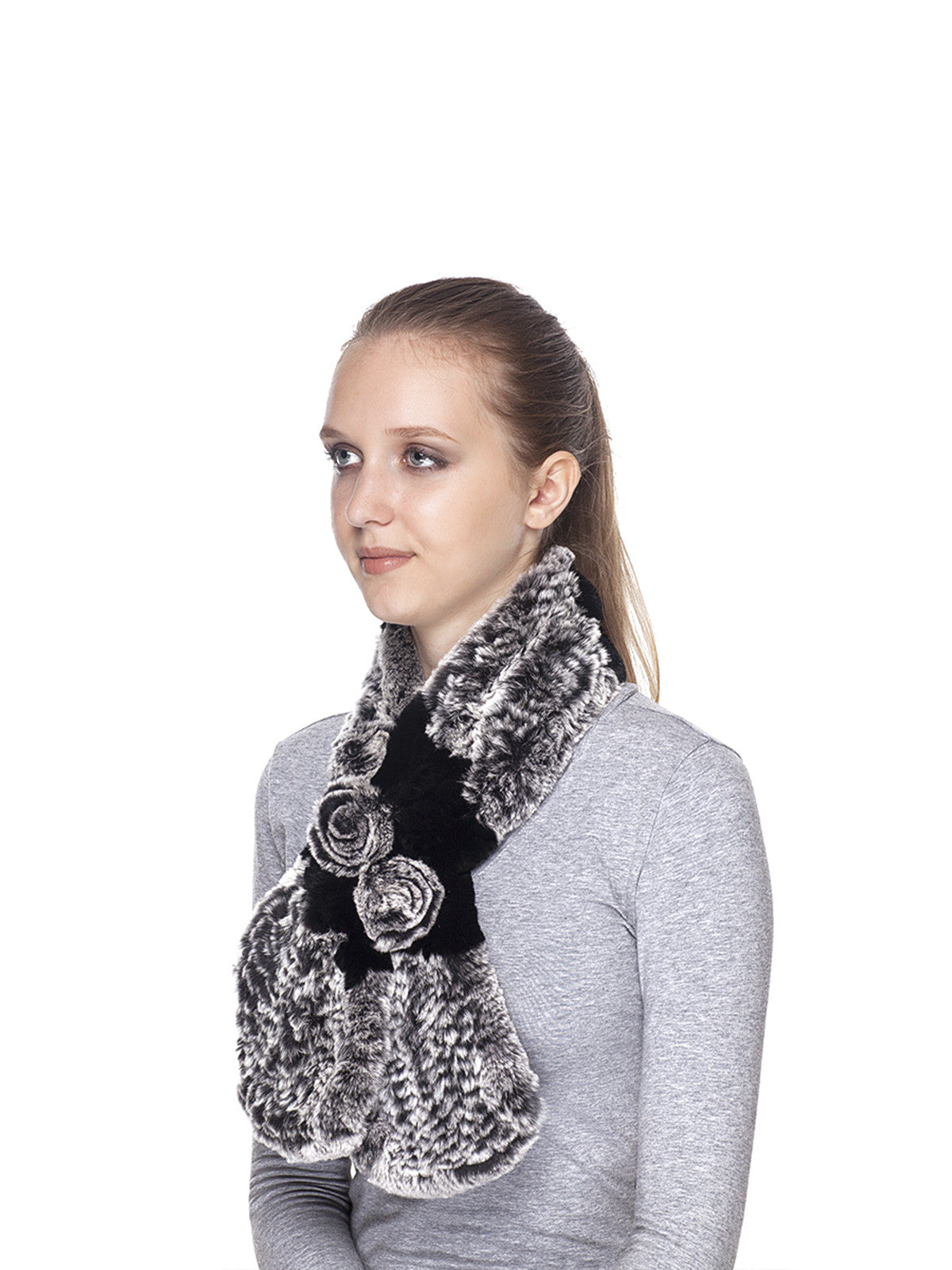Black Frost Three Flower Rex Rabbit Fur Scarf