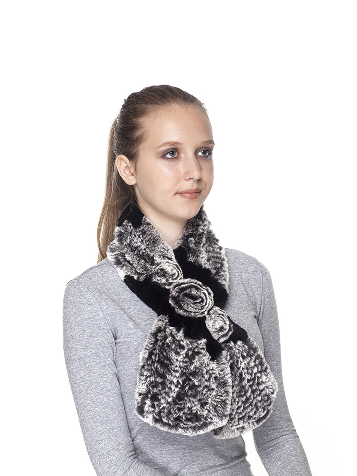 Black Frost Three Flower Rex Rabbit Fur Scarf