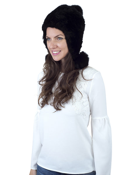 Black Rex Rabbit Hat with Ear Flaps
