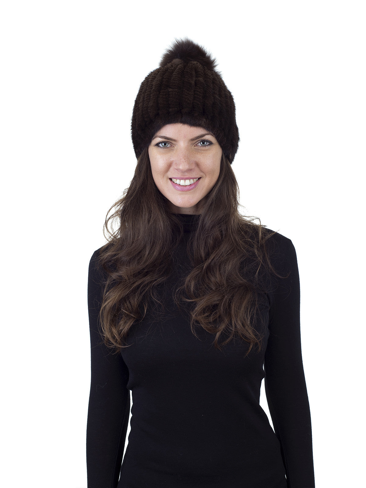 Mink Fur Beanie Hat with Fox Pom Pom