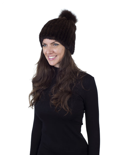 Brown Mink Fur Beanie with Fox Pom Pom
