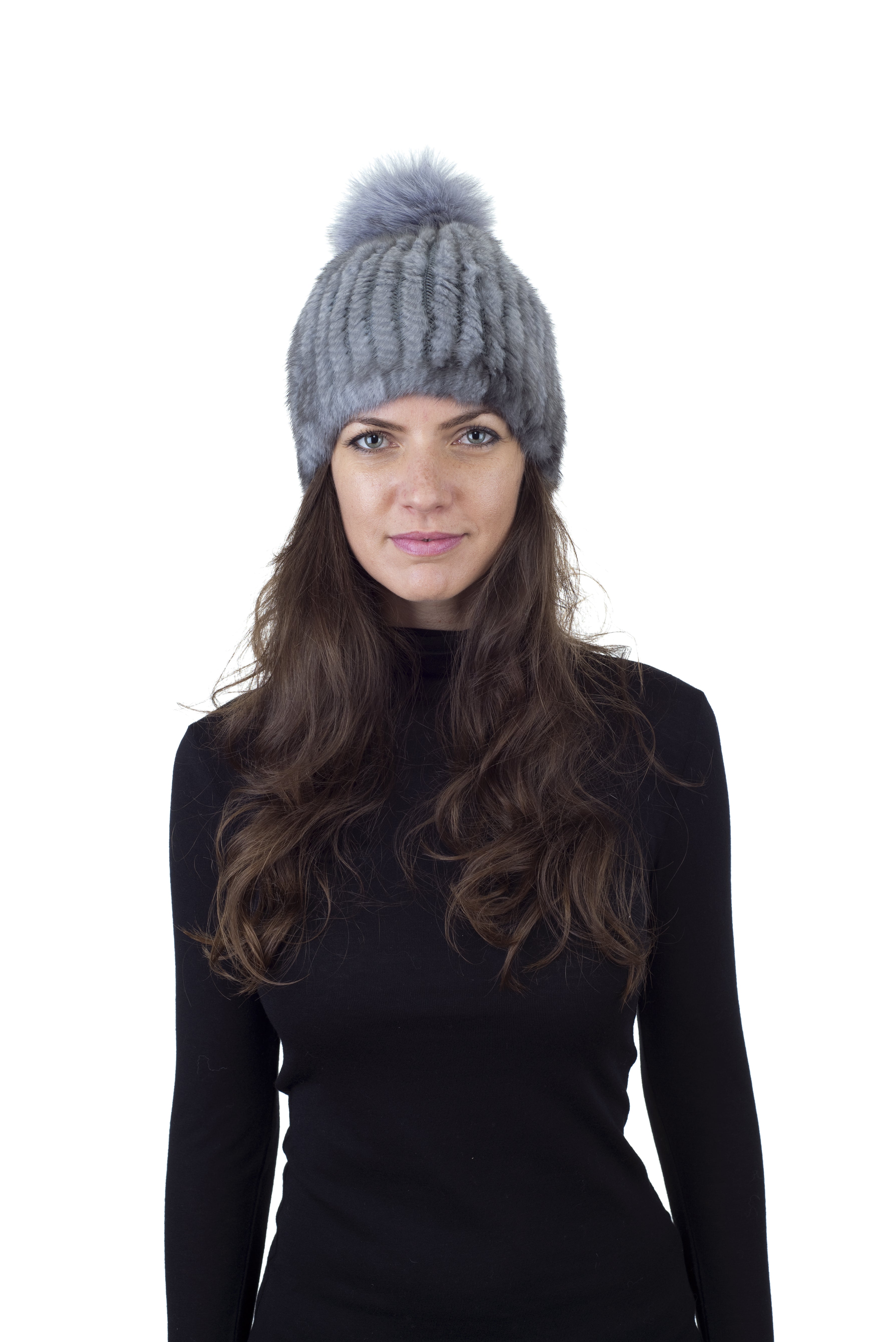 Mink Fur Beanie Hat with Fox Pom Pom