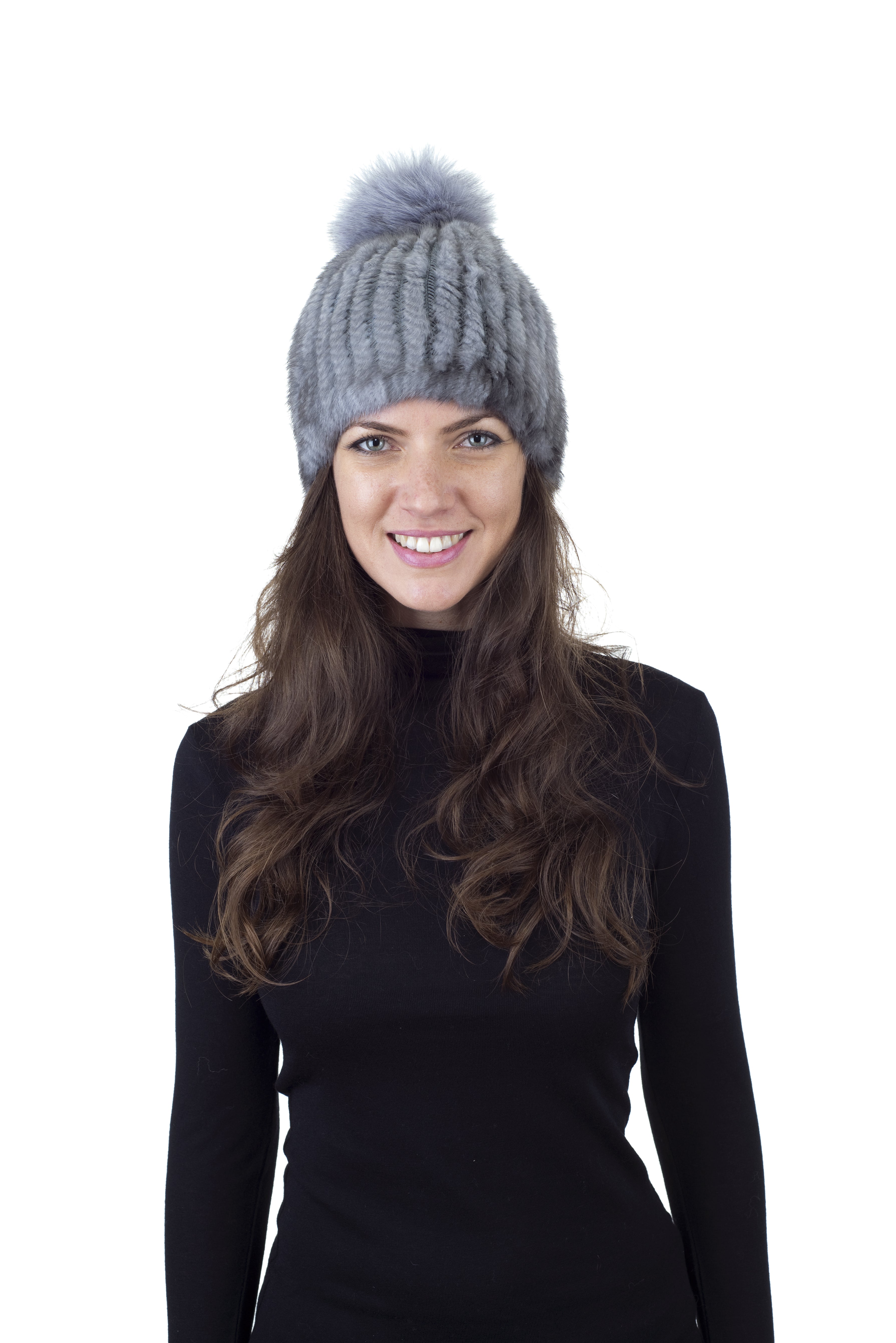 Mink Fur Beanie Hat with Fox Pom Pom