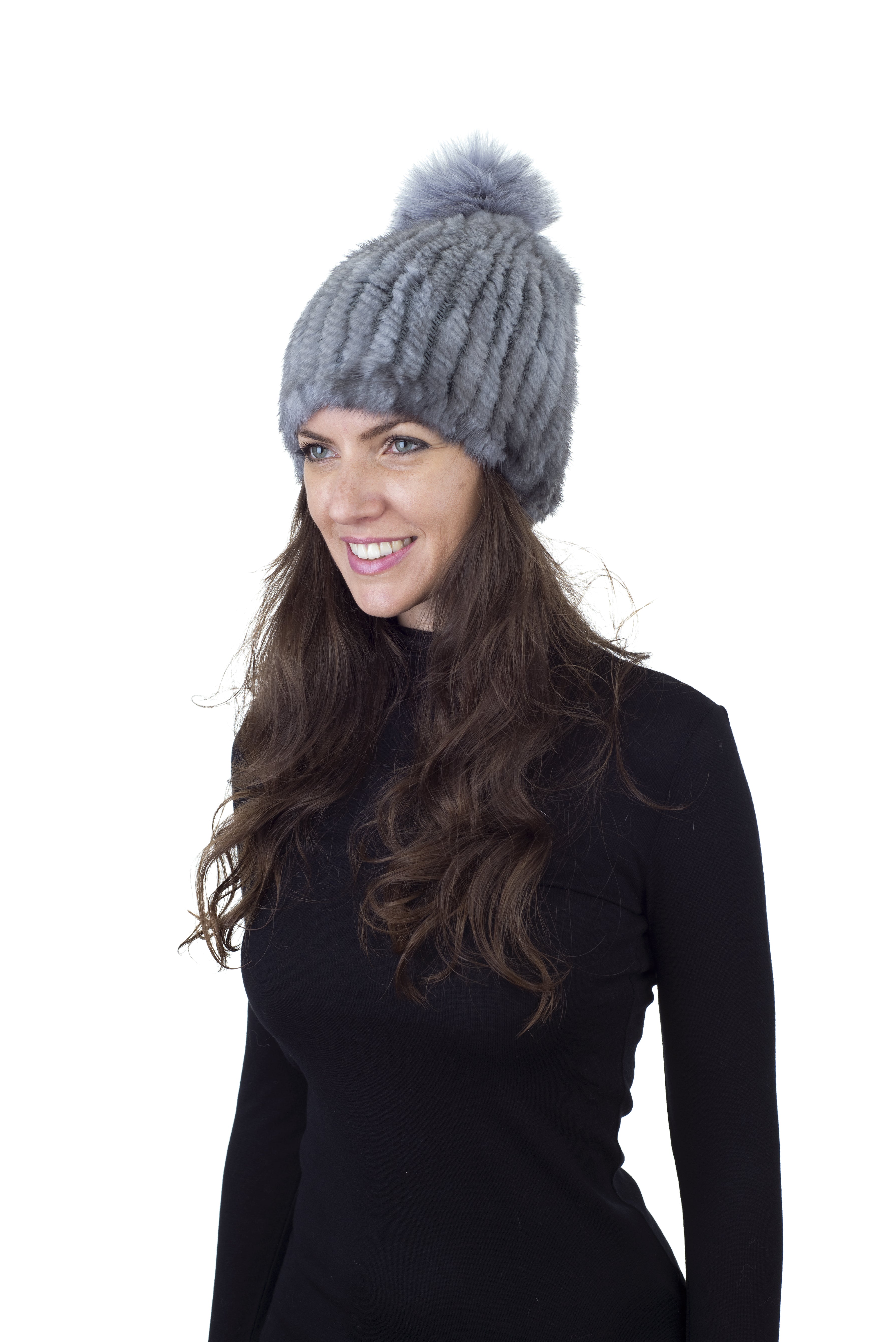 Mink Fur Beanie Hat with Fox Pom Pom