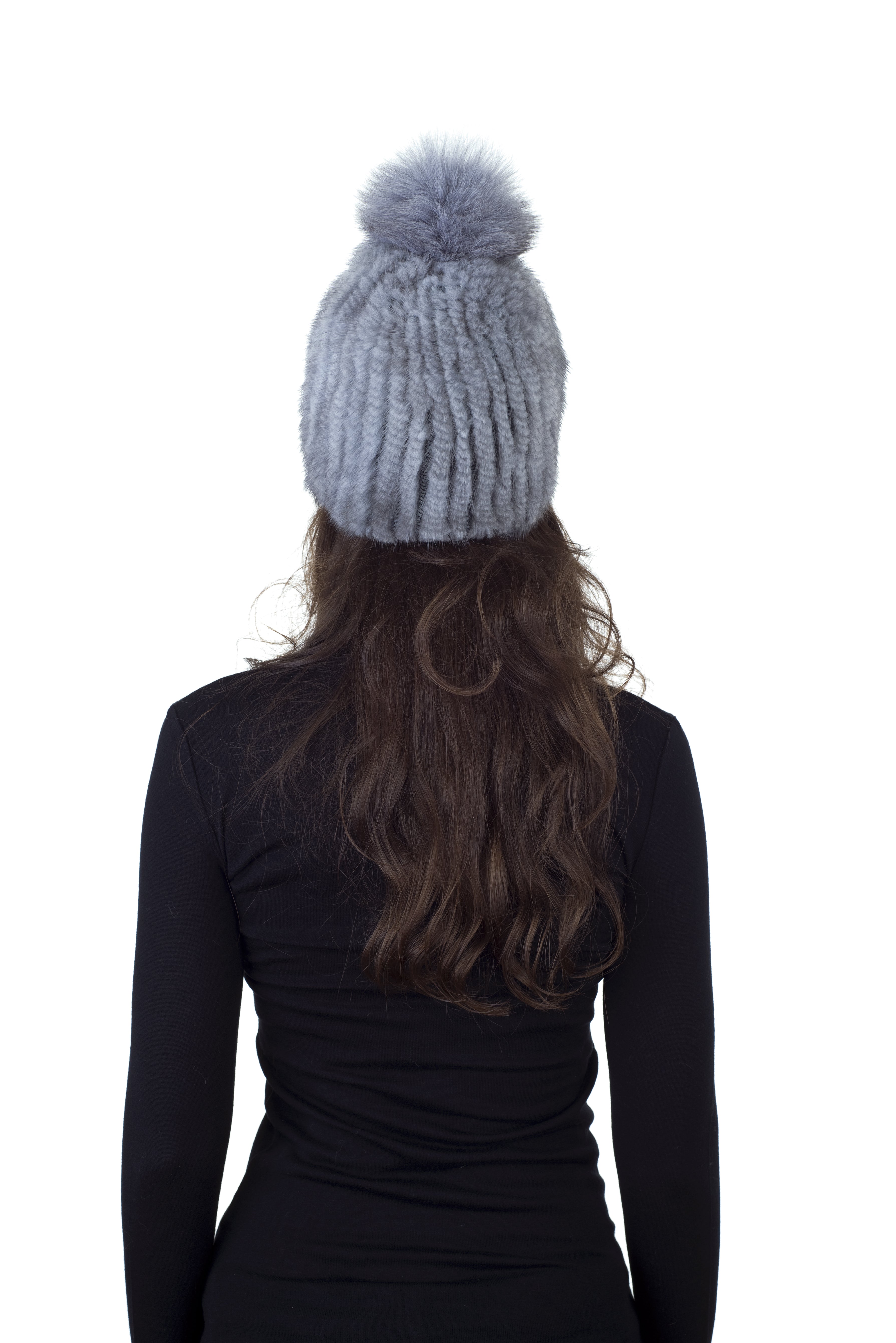 Mink Fur Beanie Hat with Fox Pom Pom