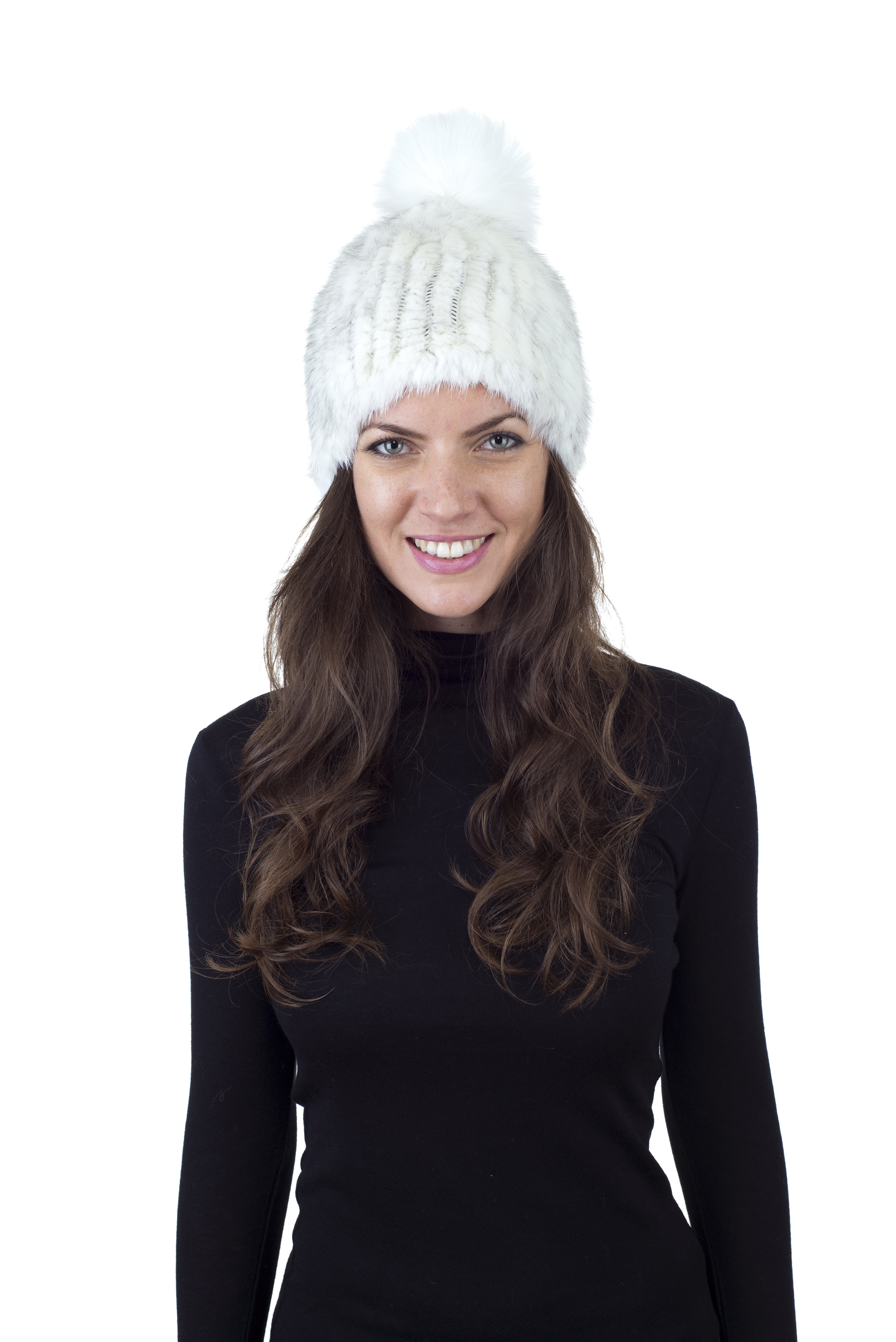 Mink Fur Beanie Hat with Fox Pom Pom