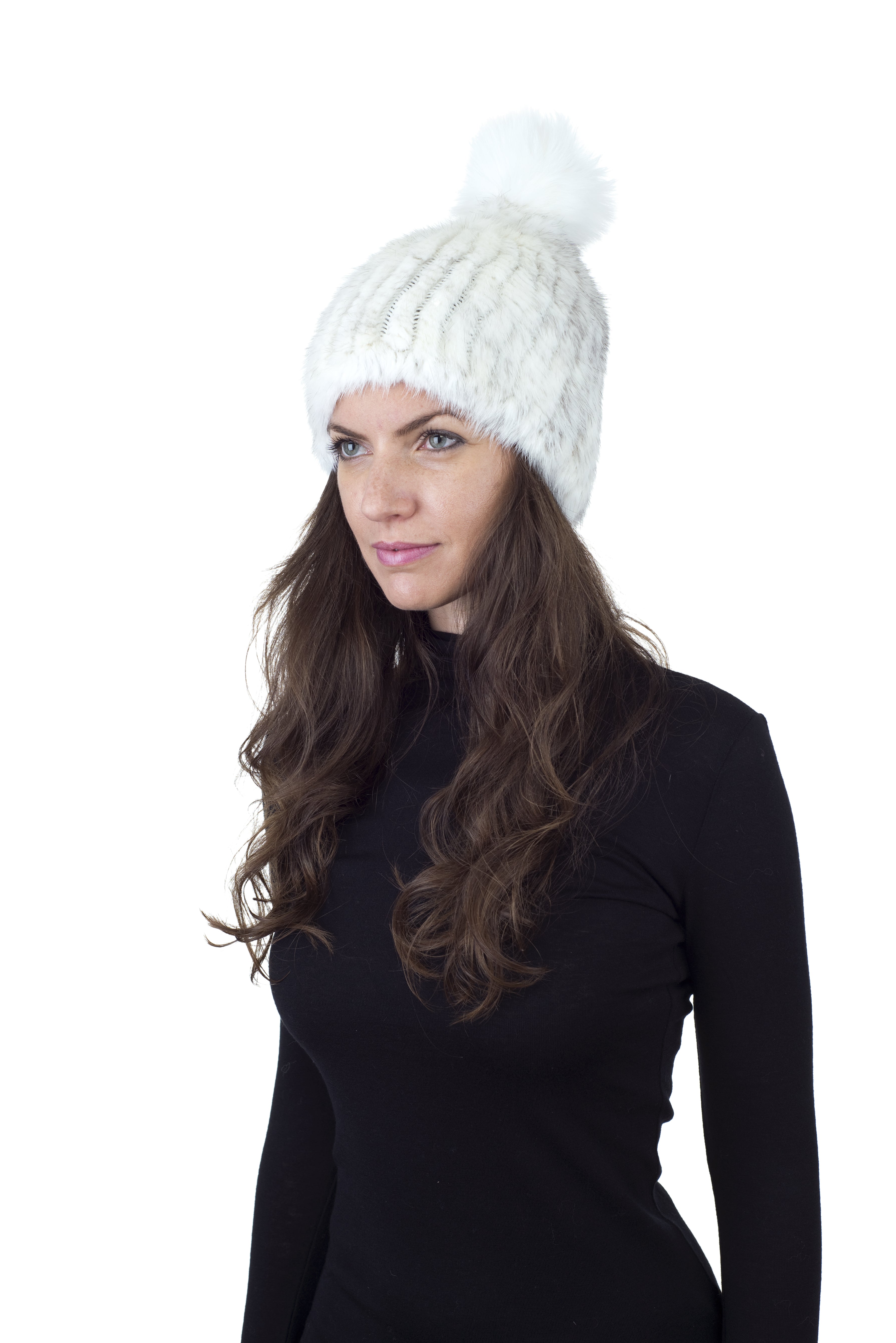 Mink Fur Beanie Hat with Fox Pom Pom