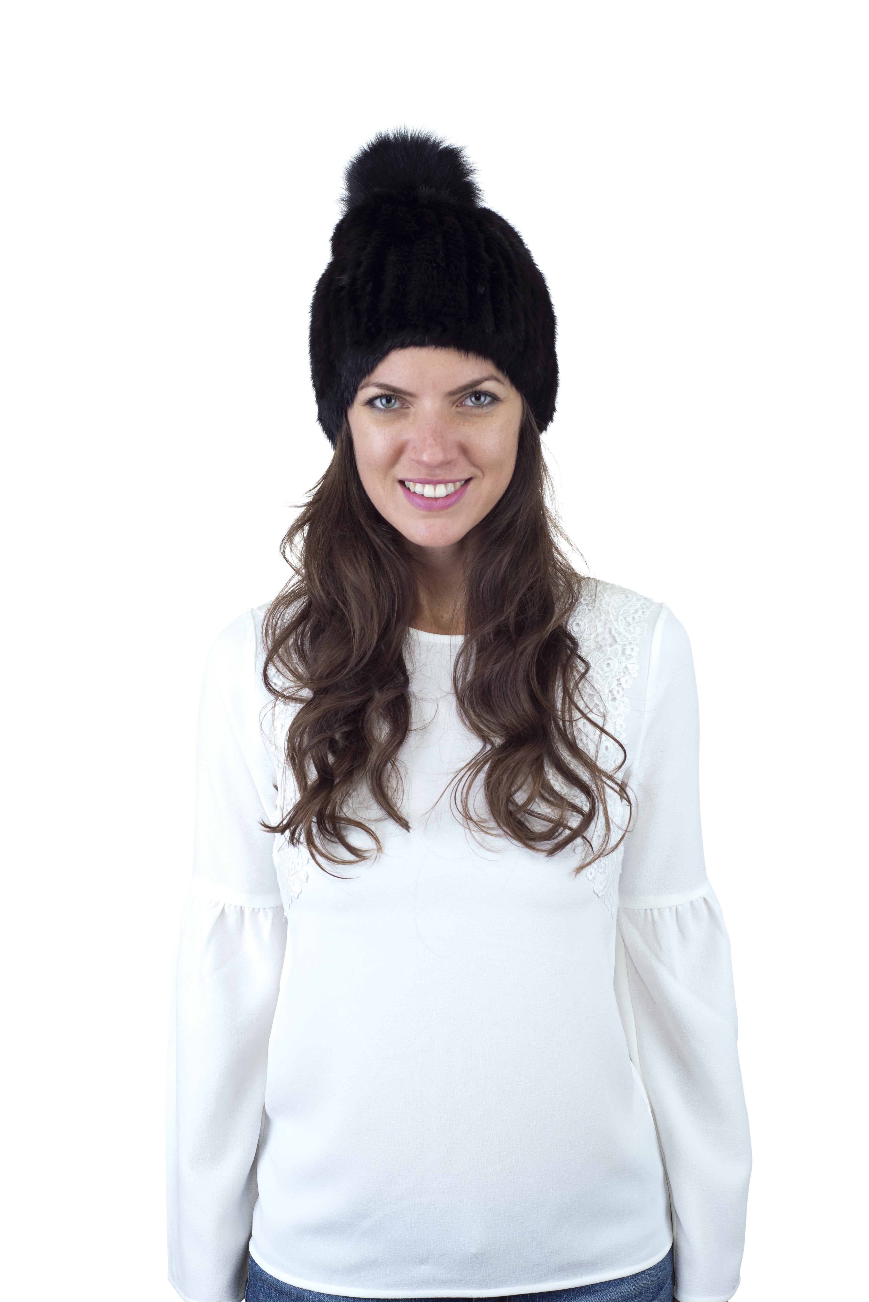 Mink Fur Beanie Hat with Fox Pom Pom