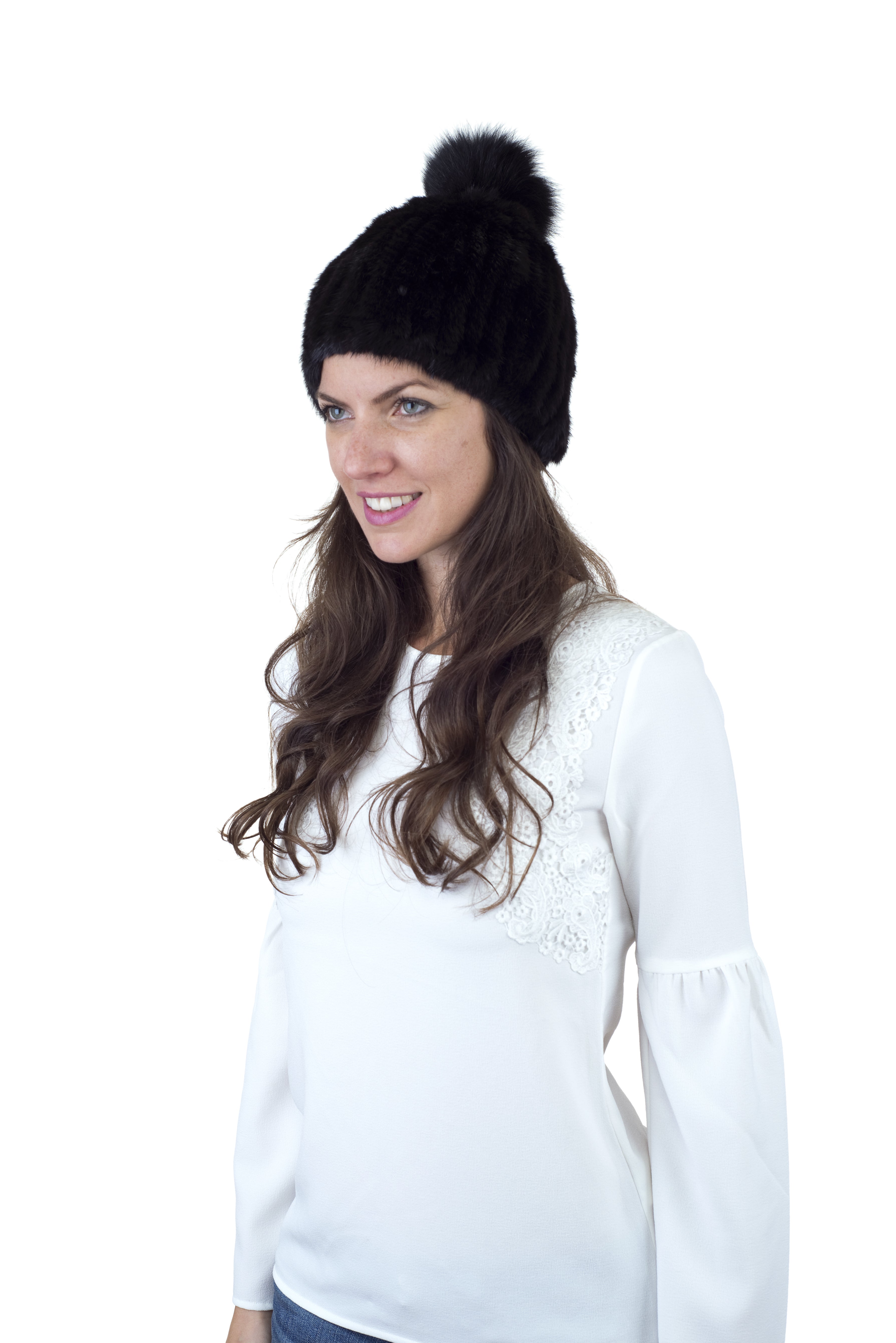Mink Fur Beanie Hat with Fox Pom Pom
