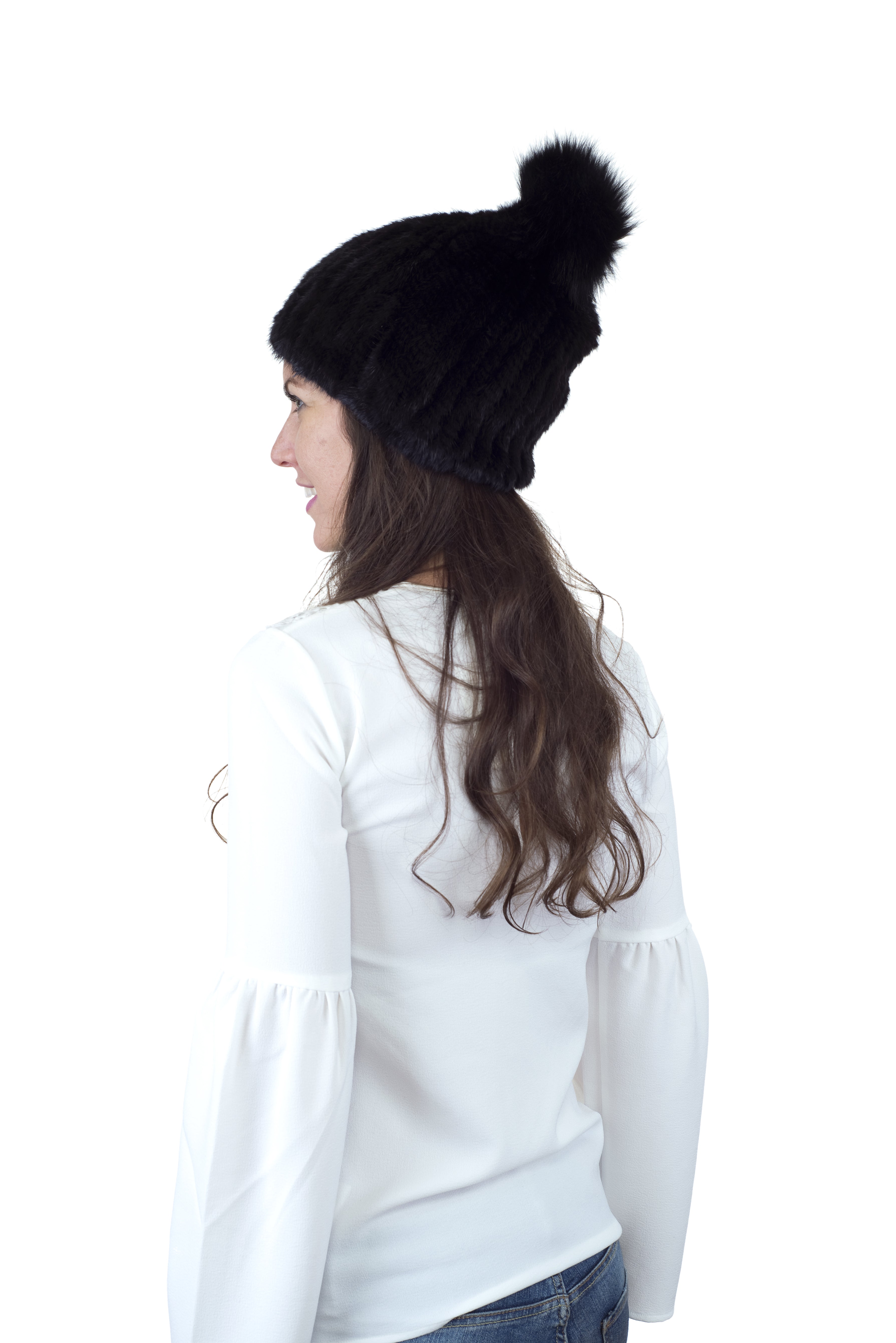 Mink Fur Beanie Hat with Fox Pom Pom