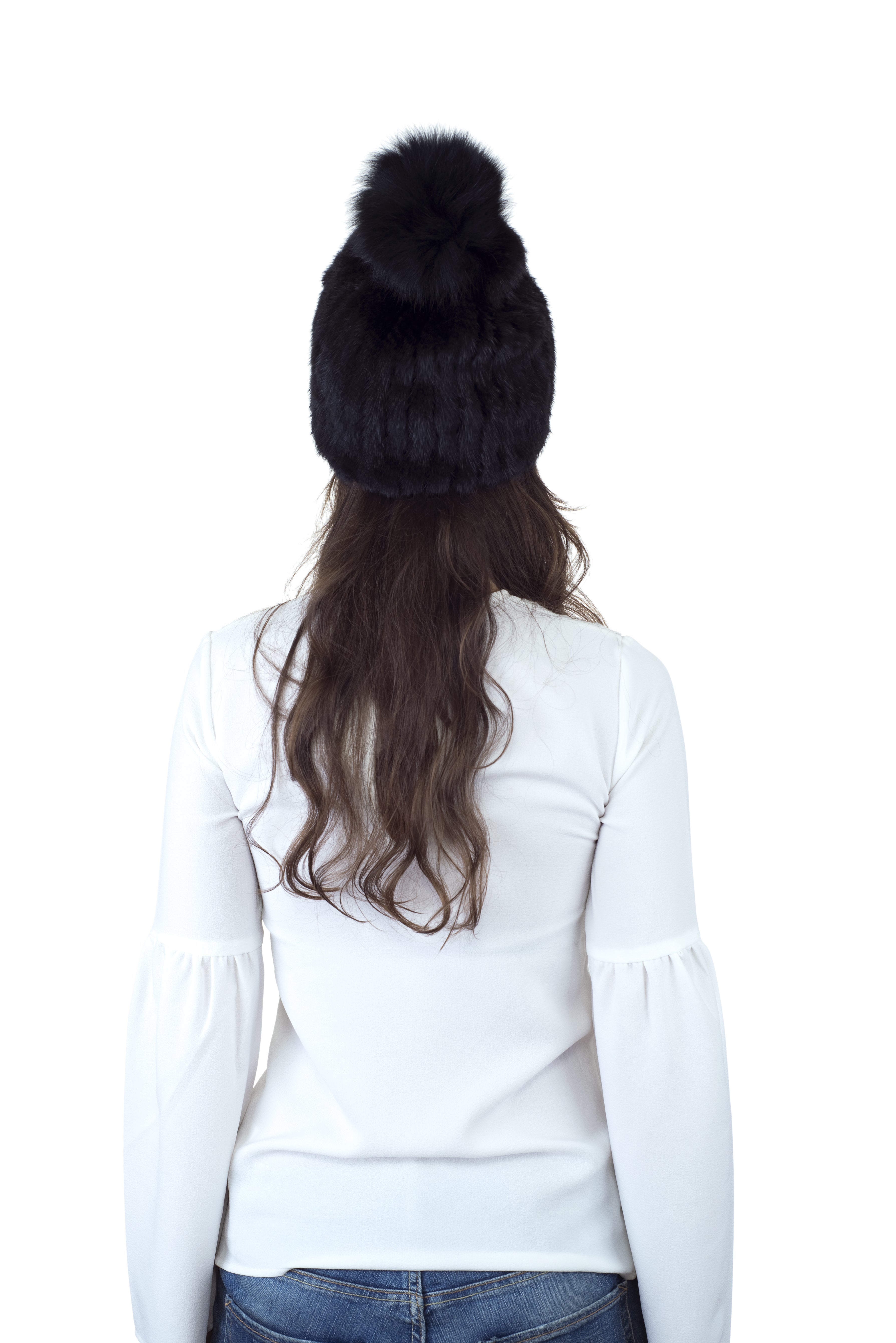 Mink Fur Beanie Hat with Fox Pom Pom