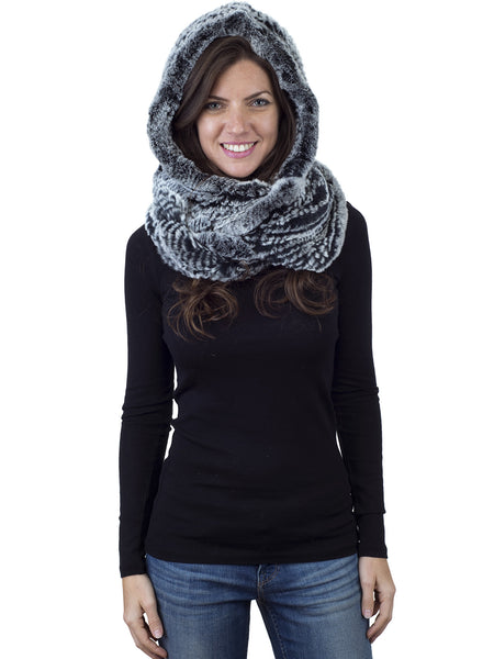 Black Frost Rex Rabbit Hood with Wide Infinity Scarf