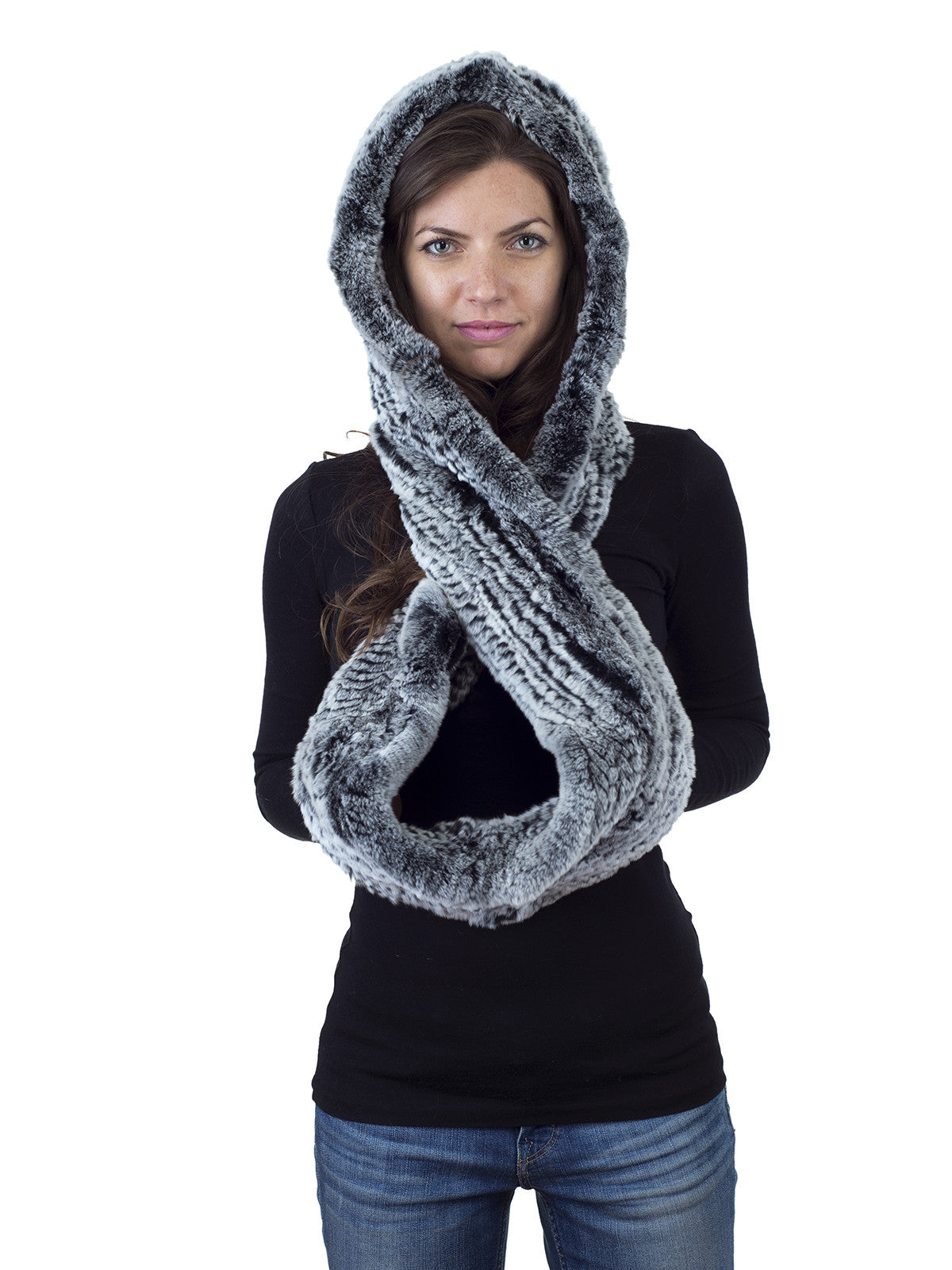 Black Frost Rex Rabbit Hood with Wide Infinity Scarf