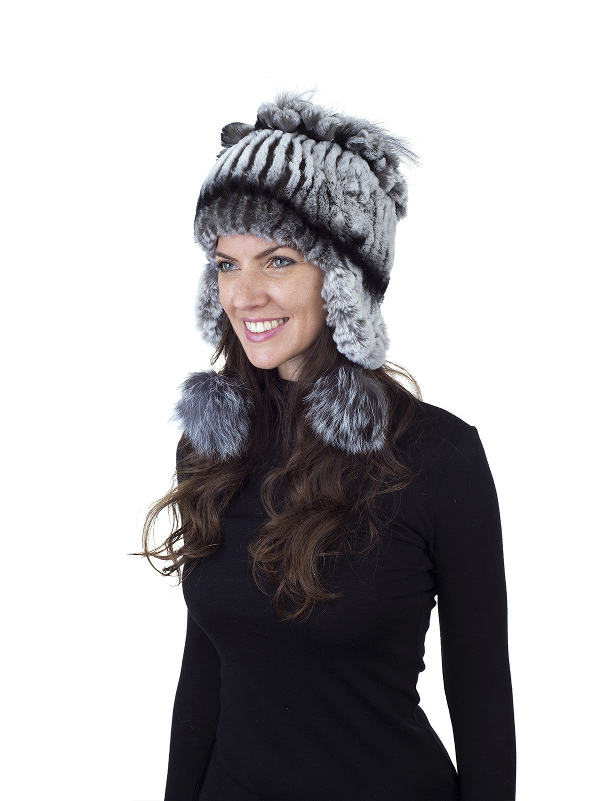 Chinchilla Color Rex Rabbit Fur Hat with Earflaps and Fox Pom Pom