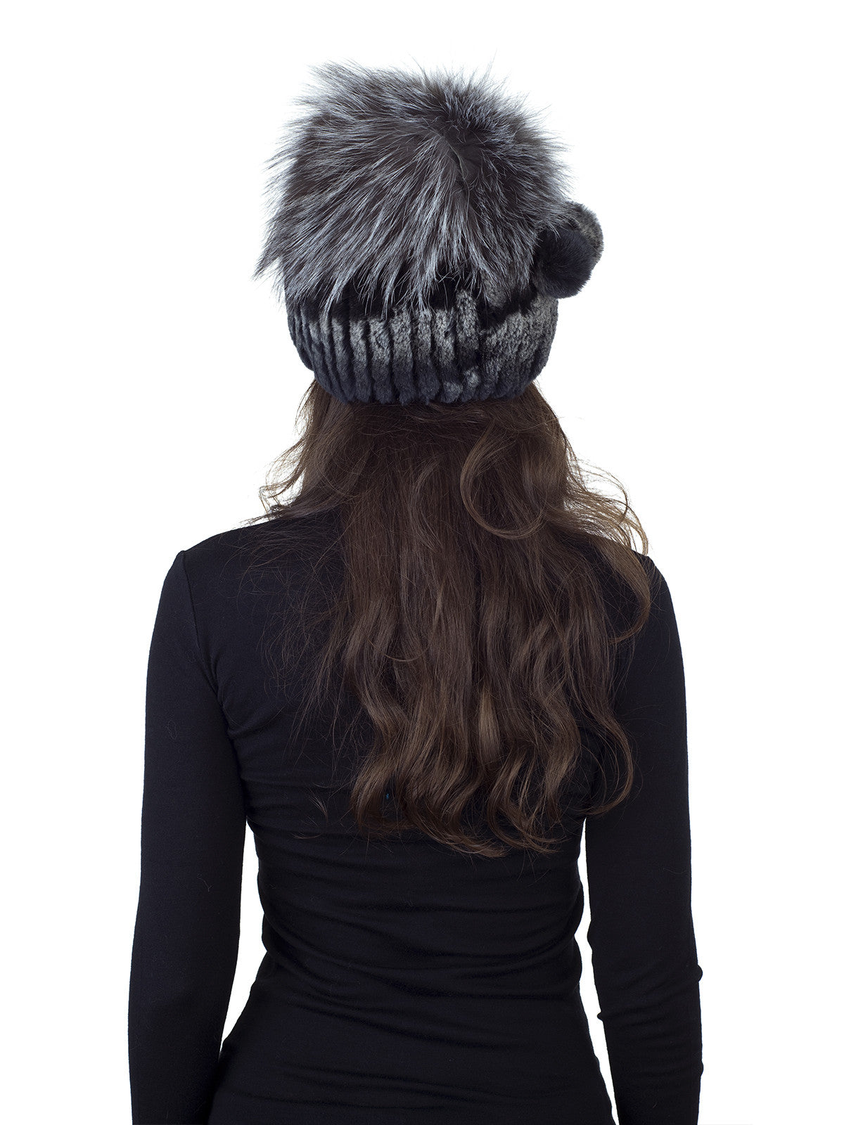 Dark Brown with White Rex Rabbit Fur Hat with Silver Fox Crown