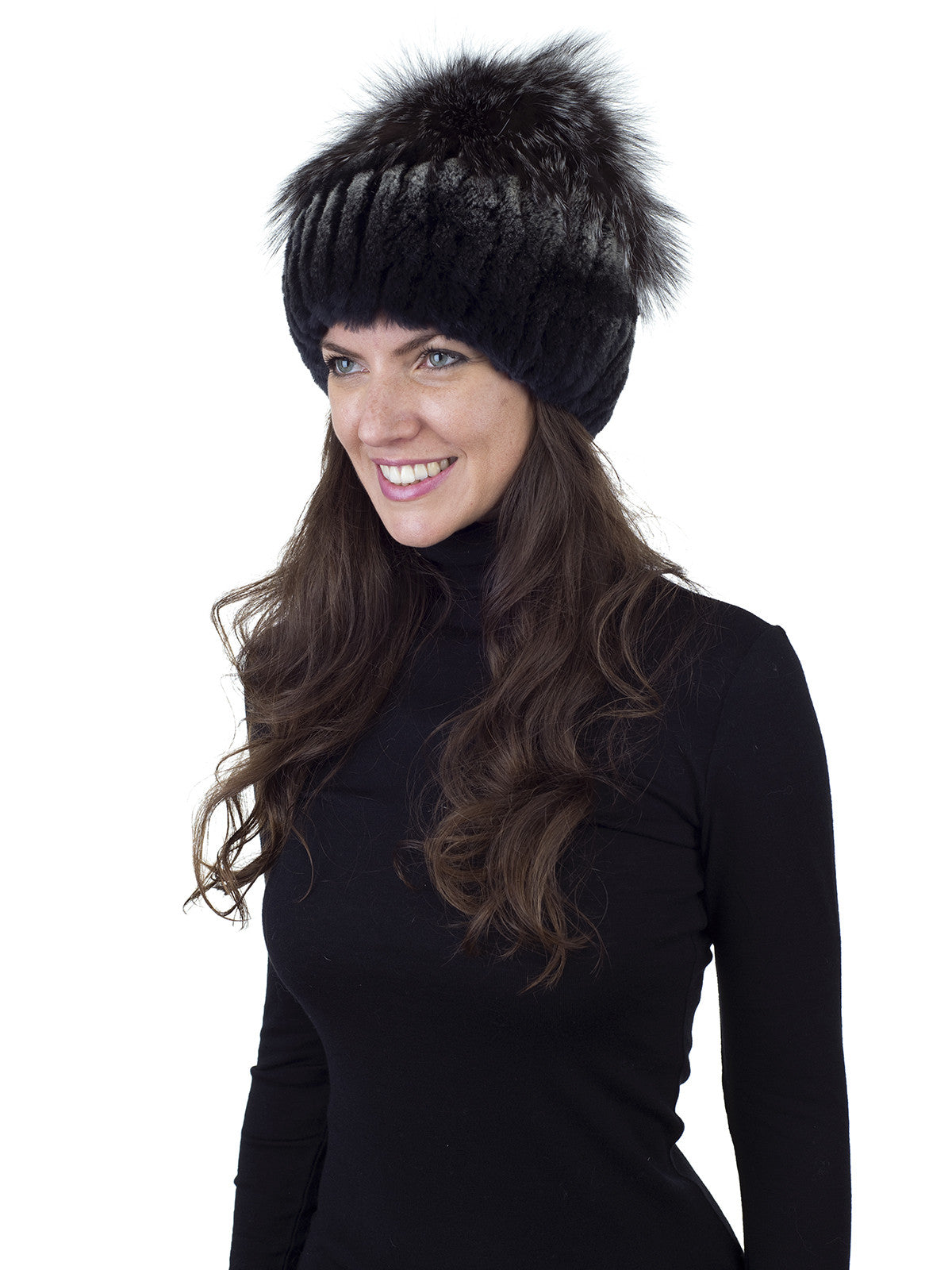 Dark Brown with White Rex Rabbit Fur Hat with Silver Fox Crown