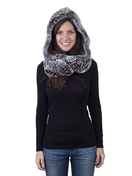Brown Frost Rex Rabbit Hood with Wide Infinity Scarf