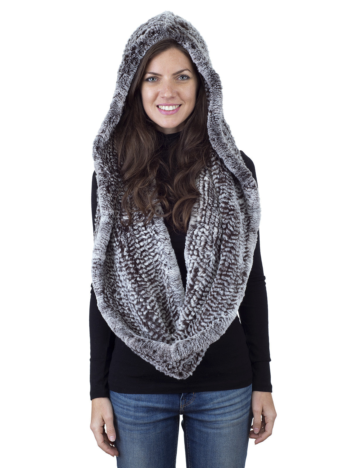 Brown Frost Rex Rabbit Hood with Wide Infinity Scarf