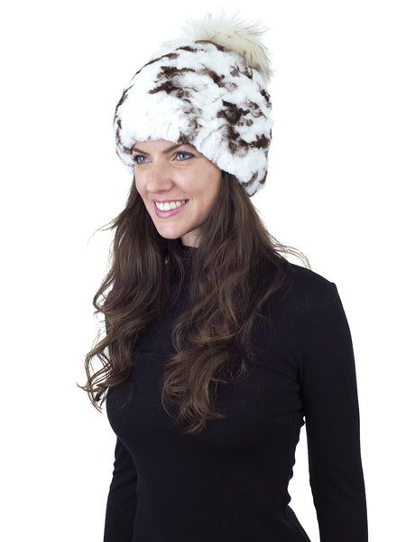White/Brown Rex Rabbit with Crown Fox Fur Pom Pom