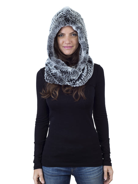 Black Frost Rex Rabbit Hood with Narrow Infinity Scarf