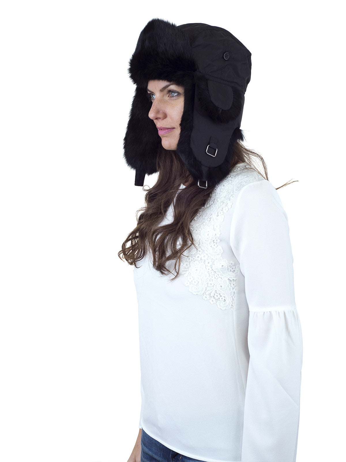 Black Aviator Hat with Black Rabbit Fur