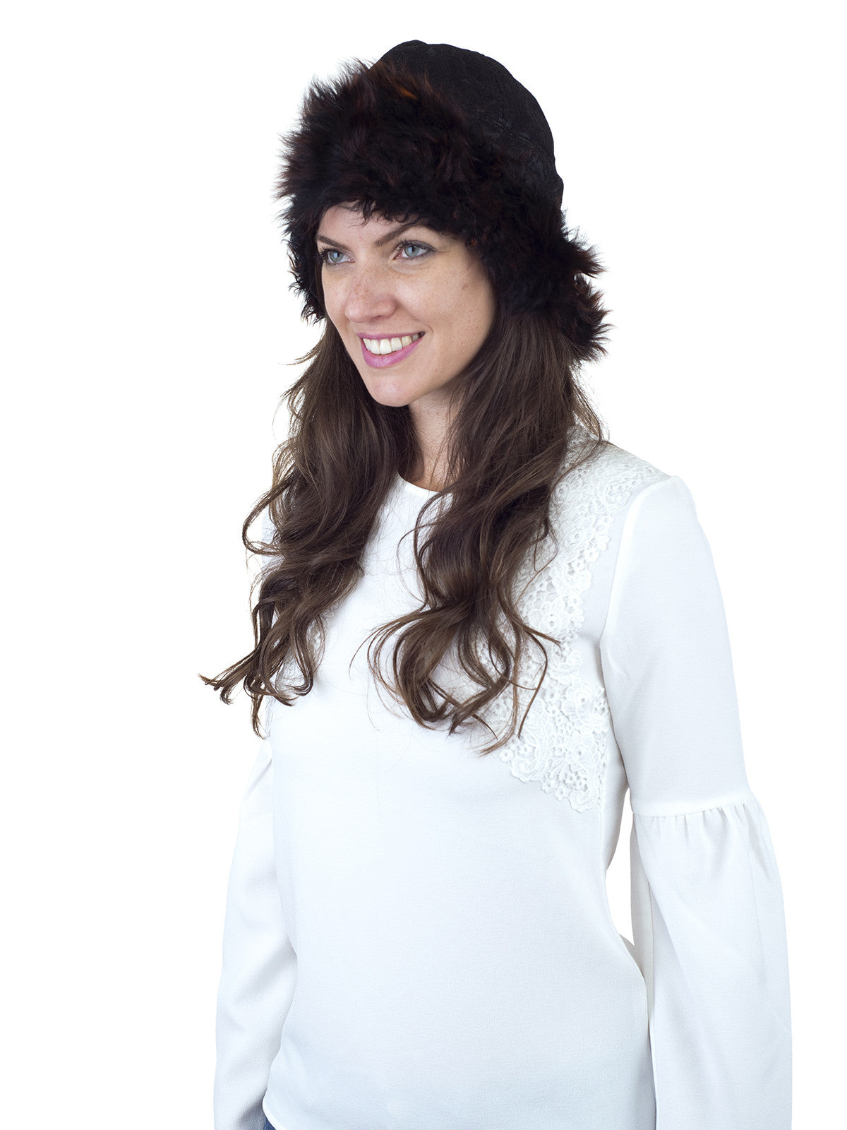 Black with Orange Tip Sheepskin Fur Hat with Black Lace Fabric