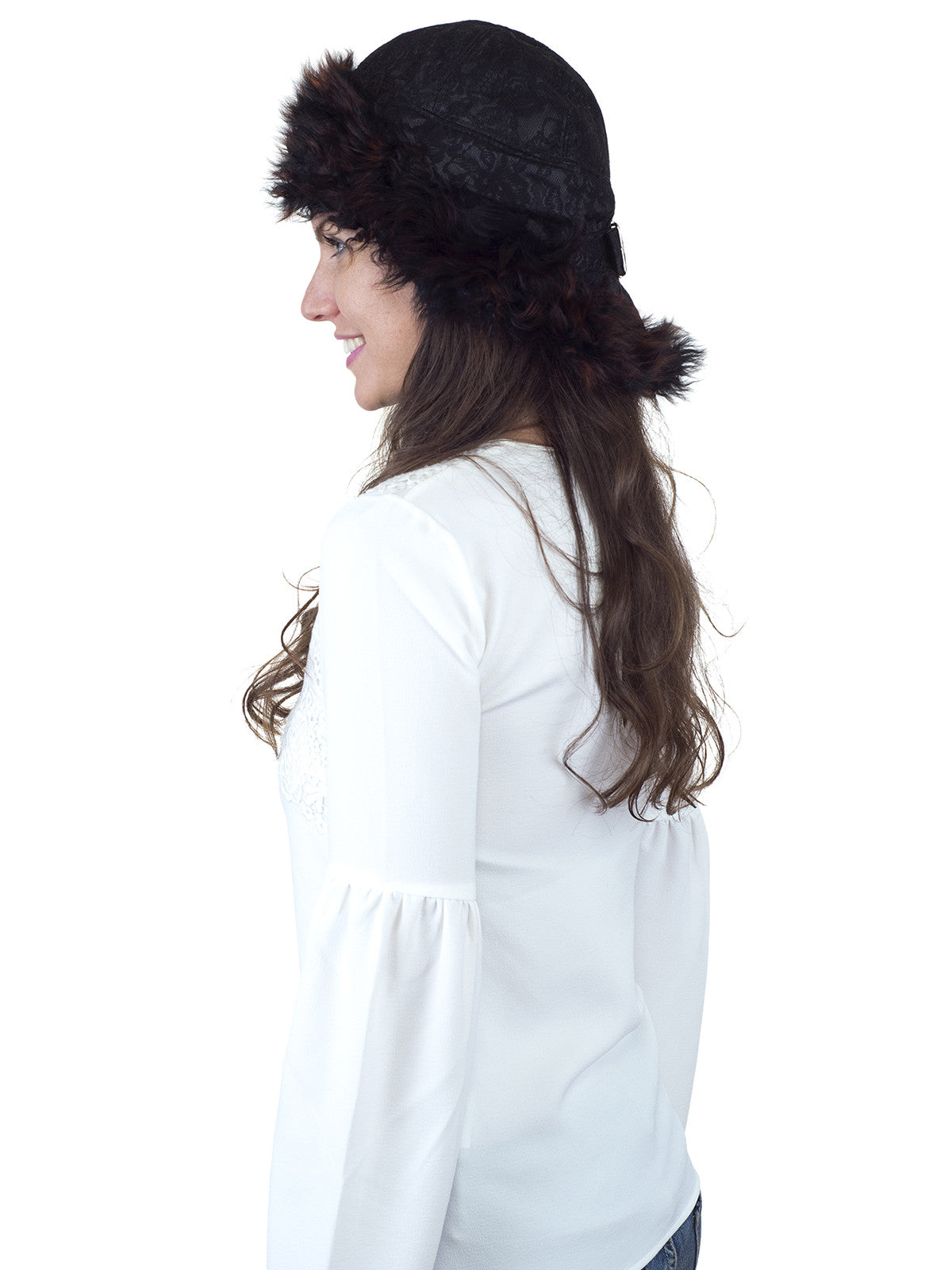 Black with Orange Tip Sheepskin Fur Hat with Black Lace Fabric