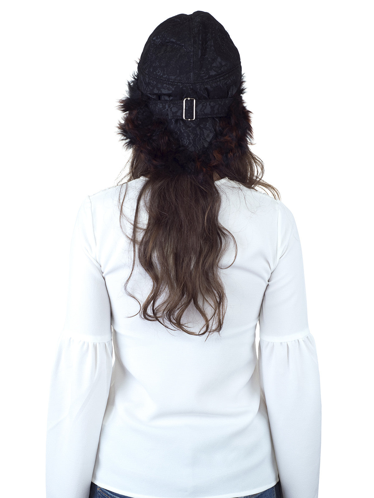 Black with Orange Tip Sheepskin Fur Hat with Black Lace Fabric