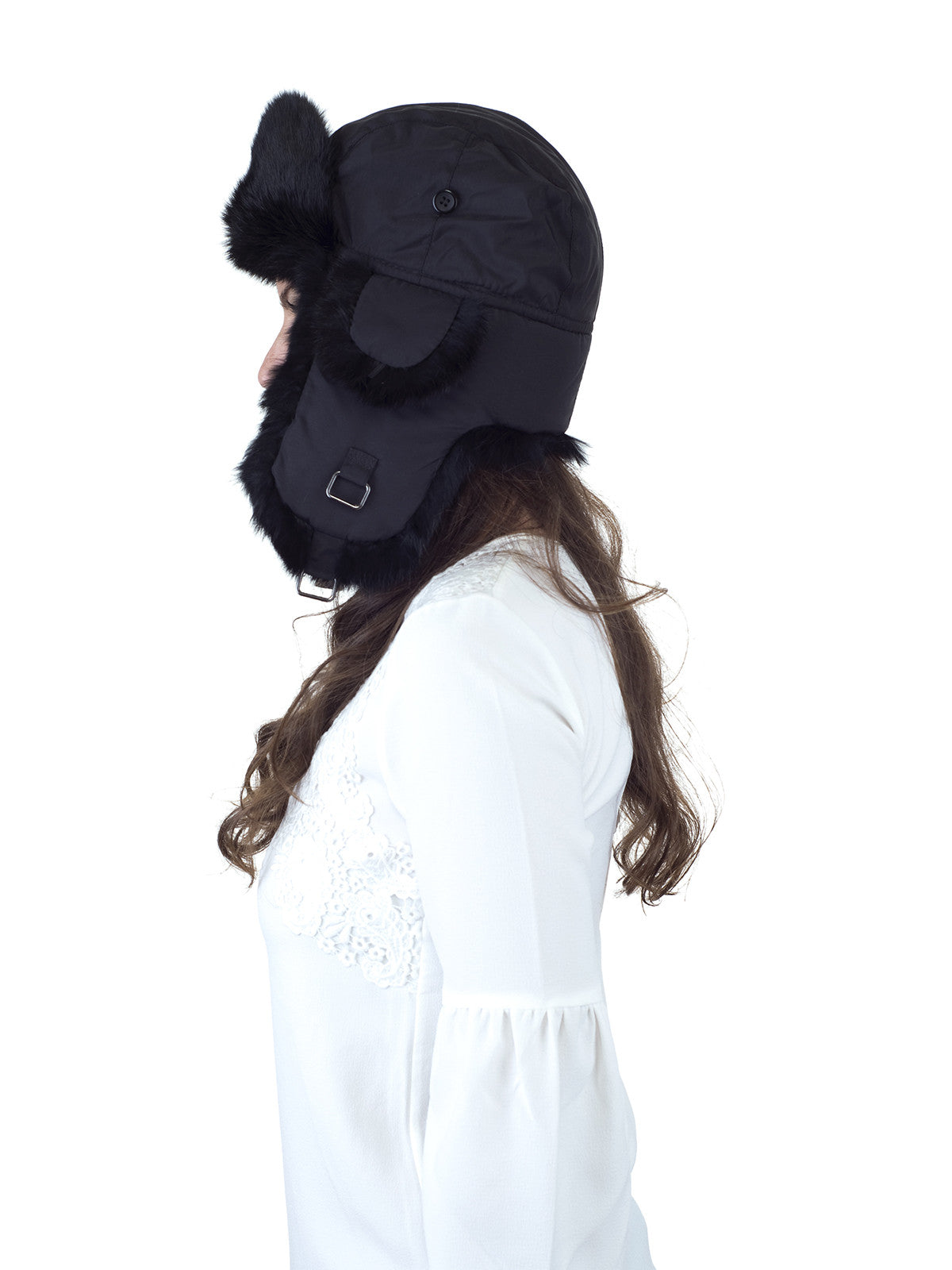 Black Aviator Hat with Black Rabbit Fur