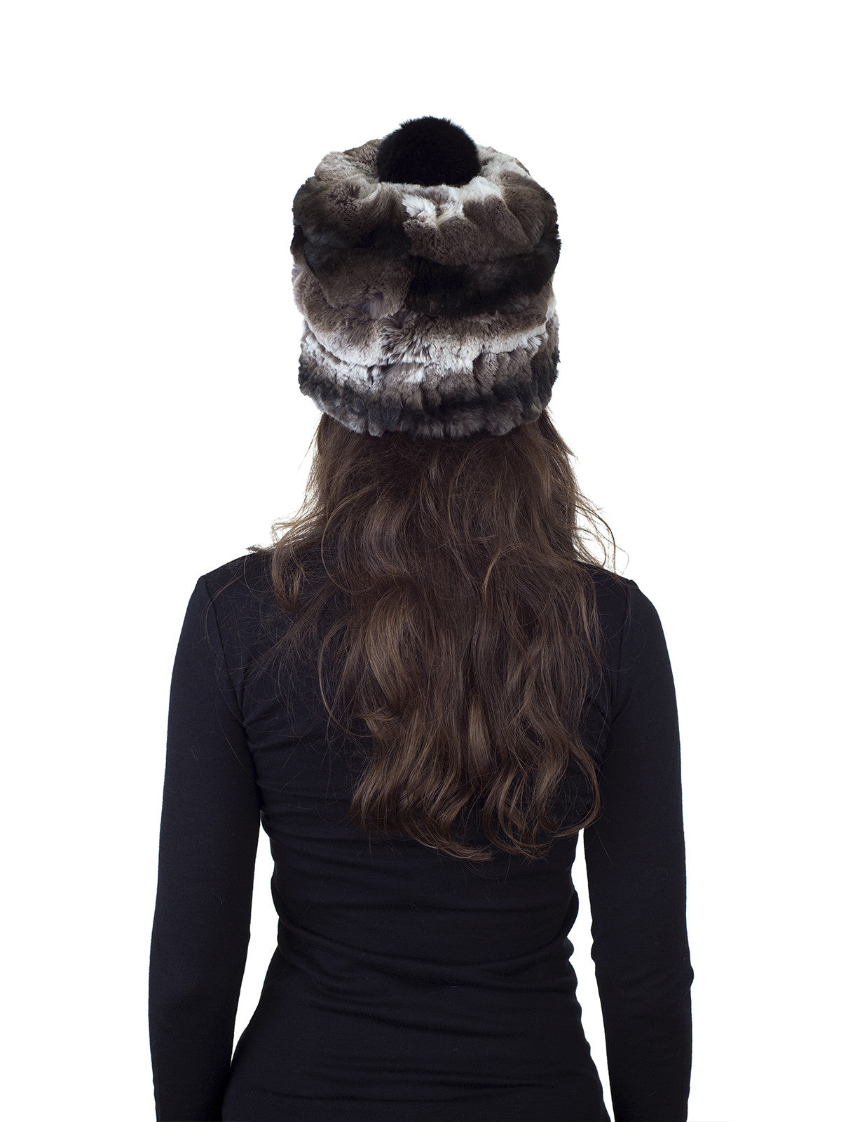 Brown/White Rex Rabbit Fur Hat with Pom Pom