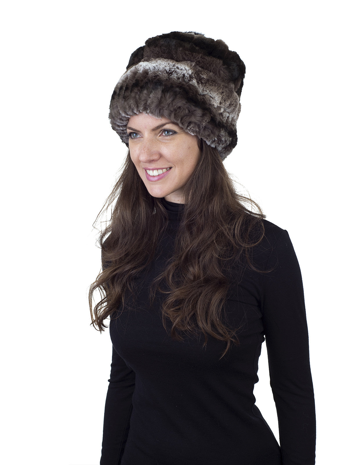 Brown/White Rex Rabbit Fur Hat with Pom Pom
