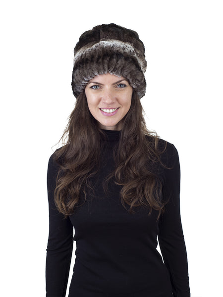 Brown/White Rex Rabbit Fur Hat with Pom Pom